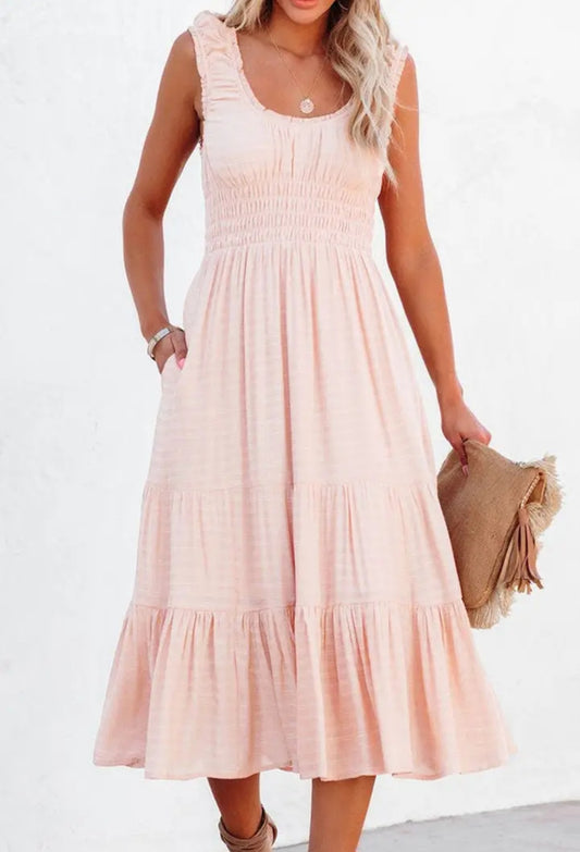 Apricot Smocked Midi Dress